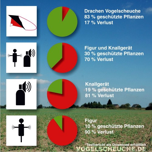 Grafische Darstellung der Wirksamkeit: prozentualer Rückgang geschützter Flächen mit Drachen-Vogelscheuche gegenüber anderen Methoden.